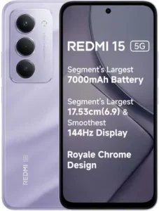 Redmi 15 5G smartphone featuring triple rear cameras, 7000mAh battery, 6.9-inch 144Hz display, and Royale Chrome design.