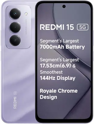 Redmi 15 5G smartphone featuring triple rear cameras, 7000mAh battery, 6.9-inch 144Hz display, and Royale Chrome design.